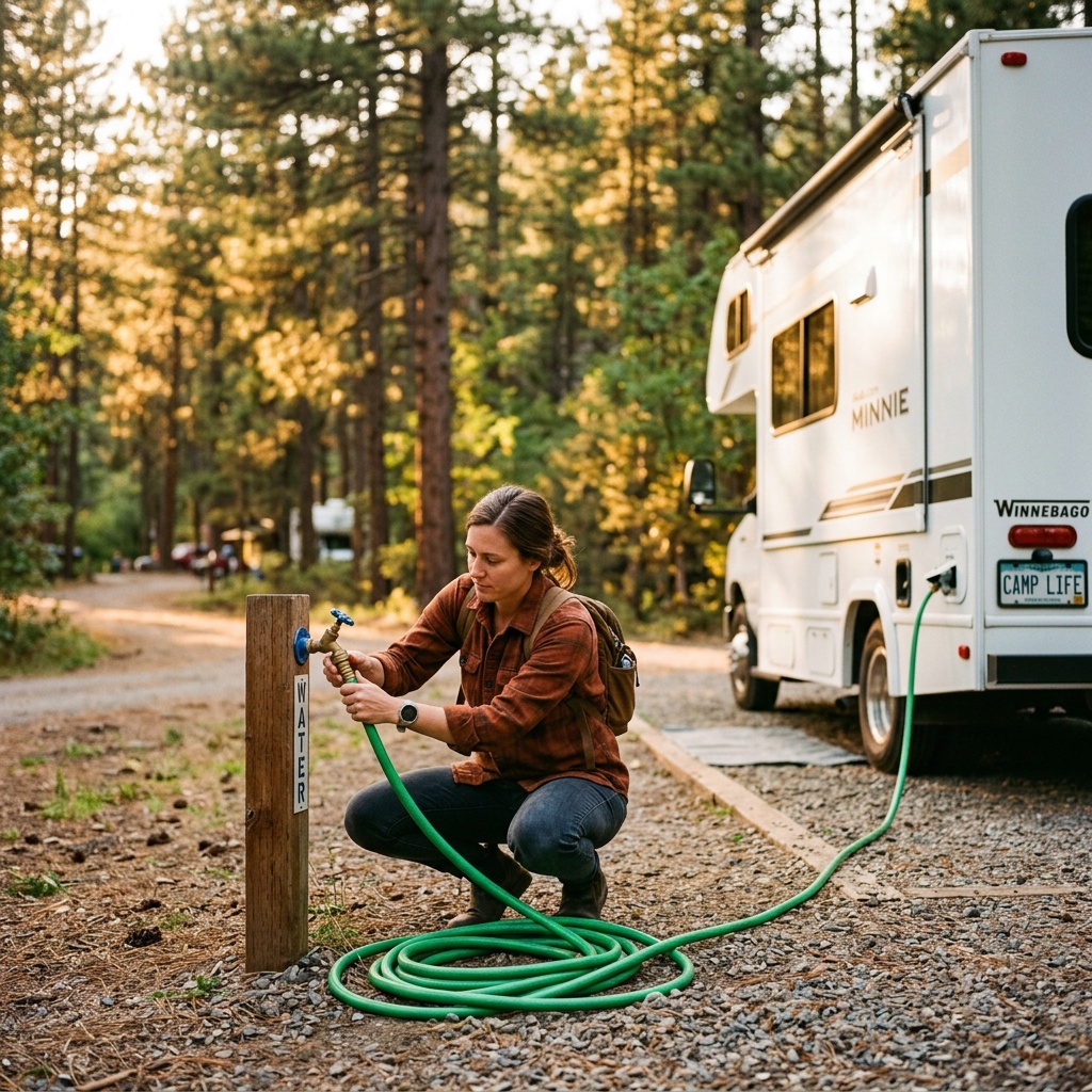 Connecting a water hose to a campground spigot next to an RV