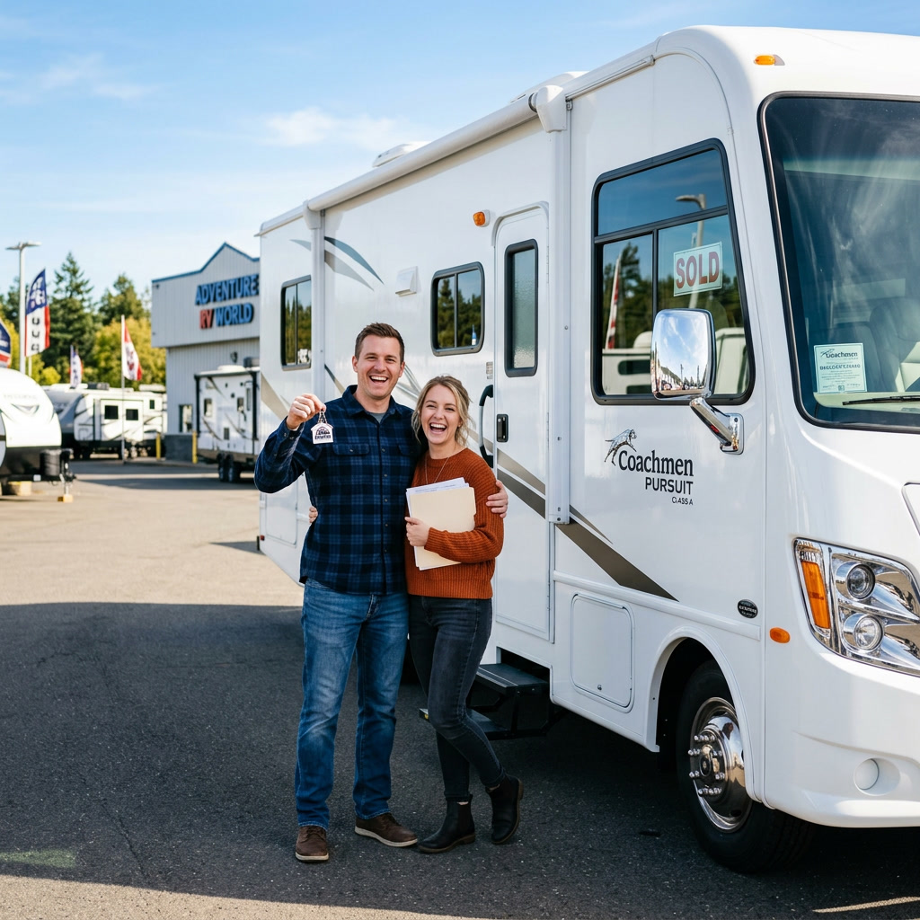 Happy couple standing next to their new RV motorhome at a dealership parking lot