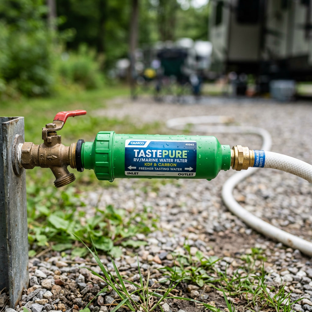 An inline filter takes seconds to install and immediately improves the taste and smell of your campground water.