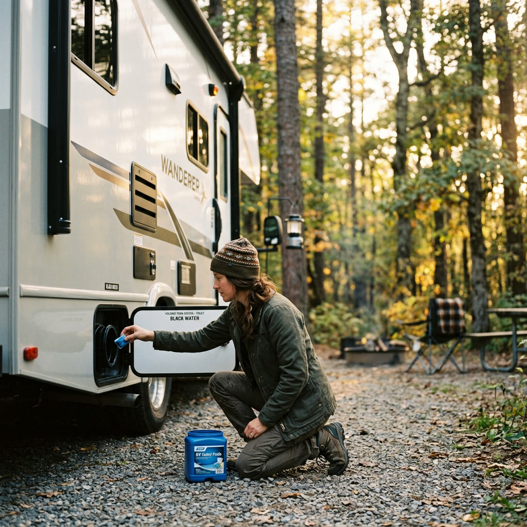 RV motorhome parked at a scenic campsite surrounded by pine trees in golden hour light