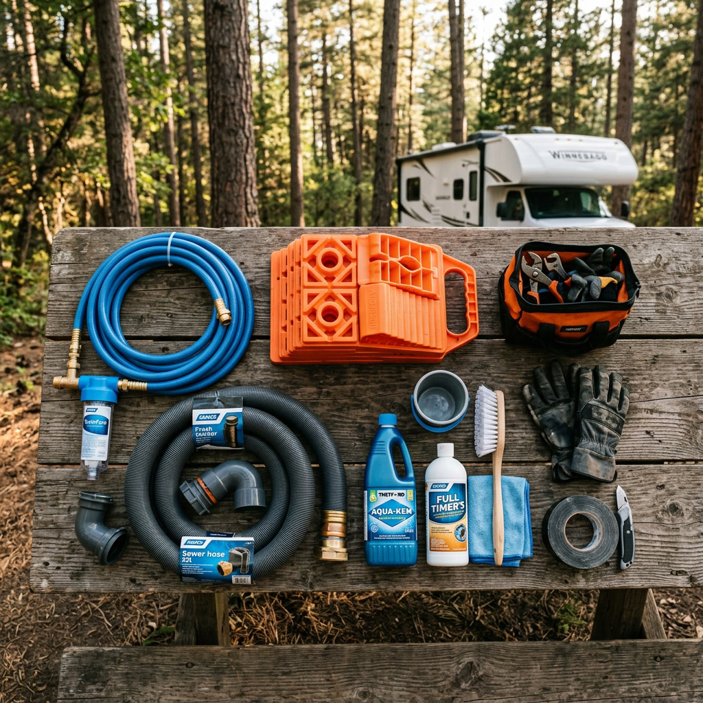 RV camping essentials and necessities laid out on a wooden picnic table at a campsite