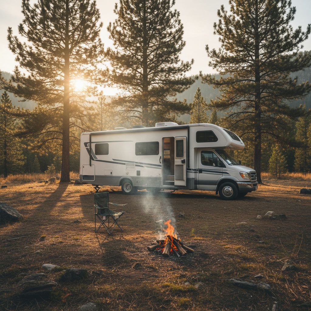 RV motorhome parked at a scenic campsite surrounded by pine trees in golden hour light