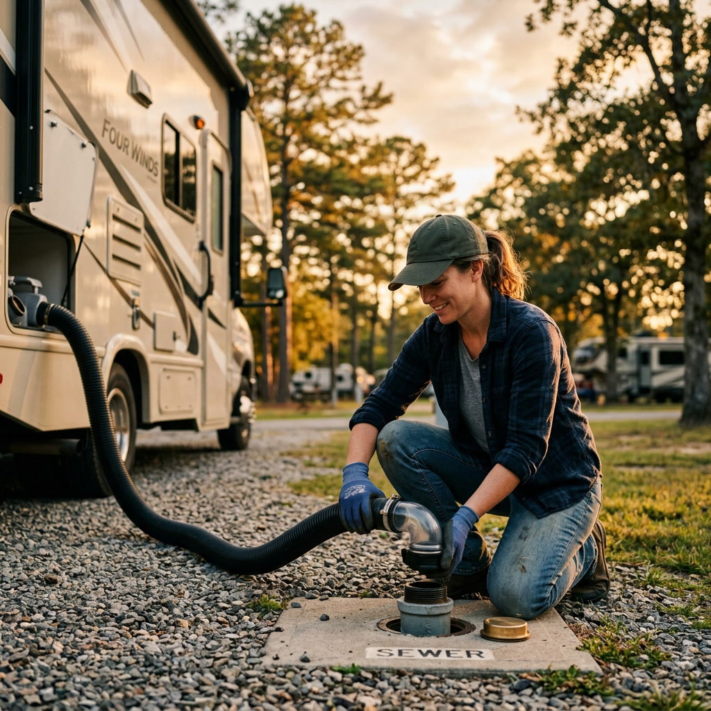 RV motorhome parked at a scenic campsite surrounded by pine trees in golden hour light