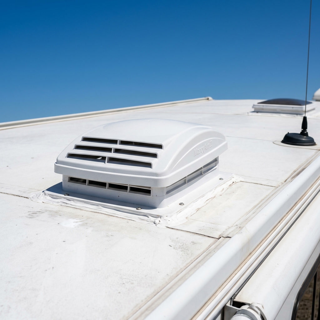 RV motorhome parked at a scenic campsite surrounded by pine trees in golden hour light