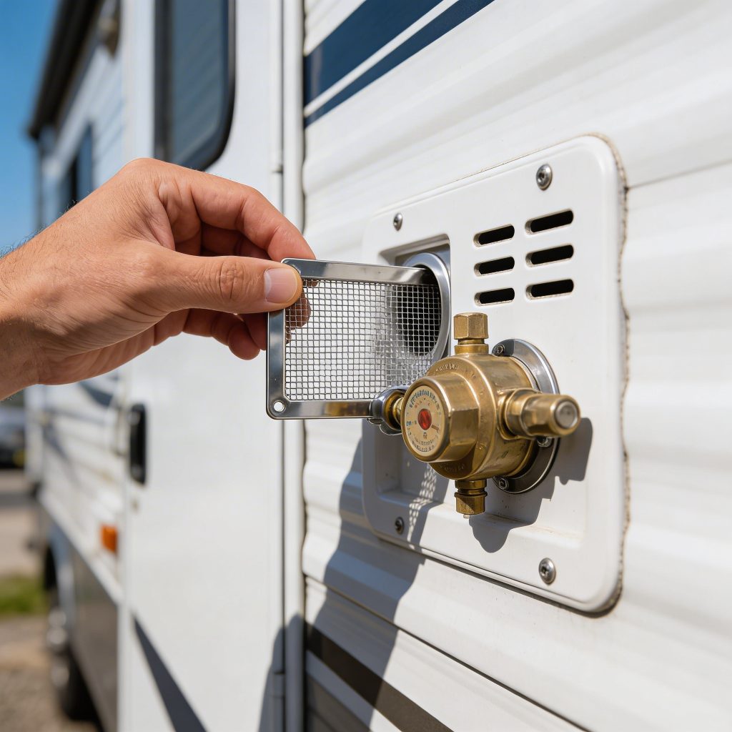 Close-up view of hands installing a small mesh screen cover over the circular vent hole on a black RV propane regulator mount