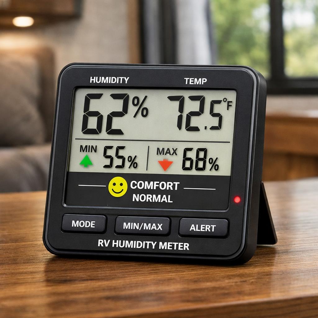 Close-up shot of hands placing a small digital hygrometer device inside an RV upper cabinet corner, with the LCD display show
