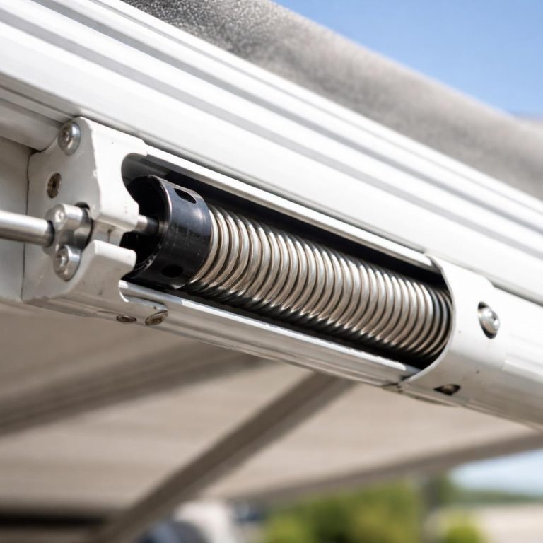 Close-up view of hands using a socket wrench to adjust the spring tension mechanism inside an RV awning arm assembly, with th