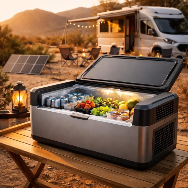 Ultra realistic RV camping scene with a 12V compressor fridge in a desert off-grid setup at sunset