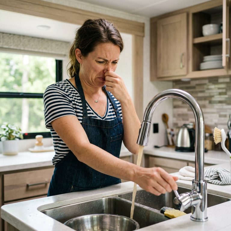 Camper holding nose at RV faucet due to bad smelling water
