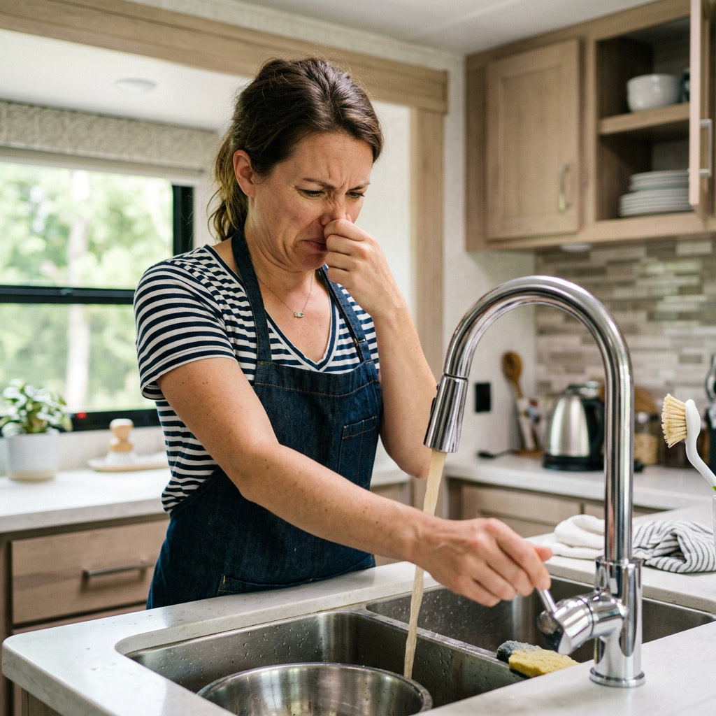 Camper holding nose at RV faucet due to bad smelling water