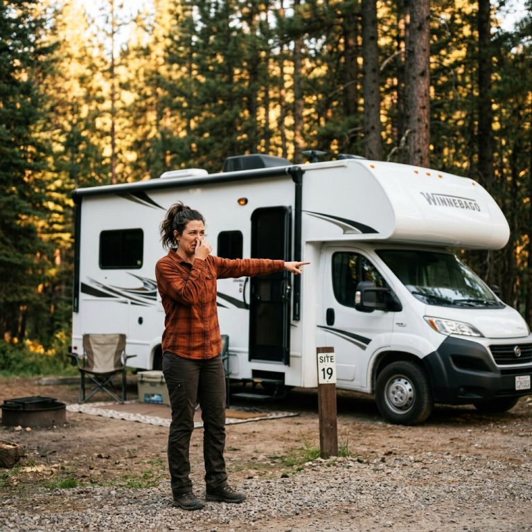 Frustrated camper holding nose outside RV at campsite due to black tank smell