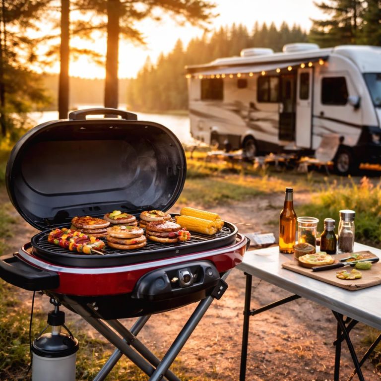 Portable camping grill cooking food at an RV campsite during sunset with a modern RV in the background, outdoor lifestyle scene.