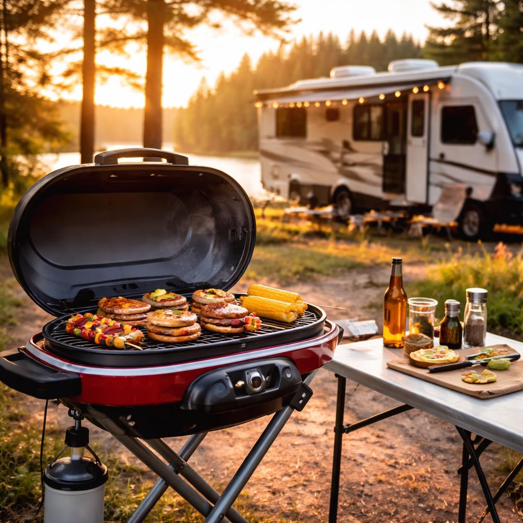 Portable camping grill cooking food at an RV campsite during sunset with a modern RV in the background, outdoor lifestyle scene.
