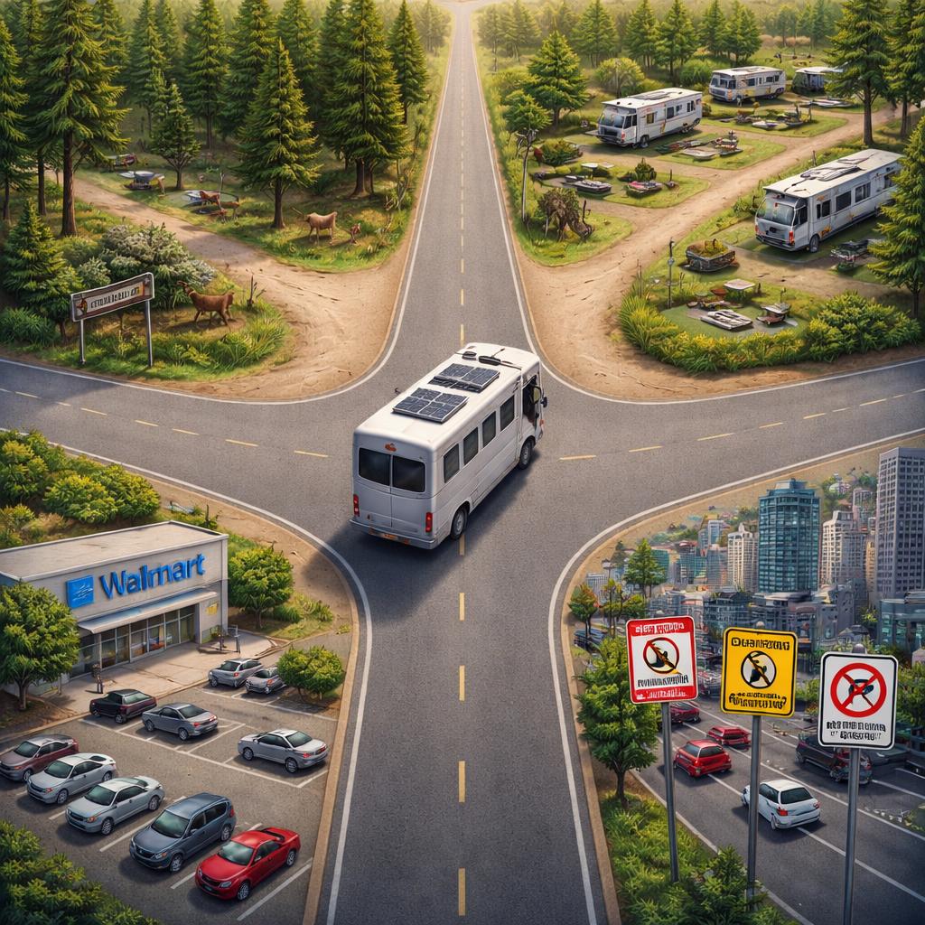 An RV parked at a crossroads on a U.S. road trip, representing the choice of where to legally sleep overnight