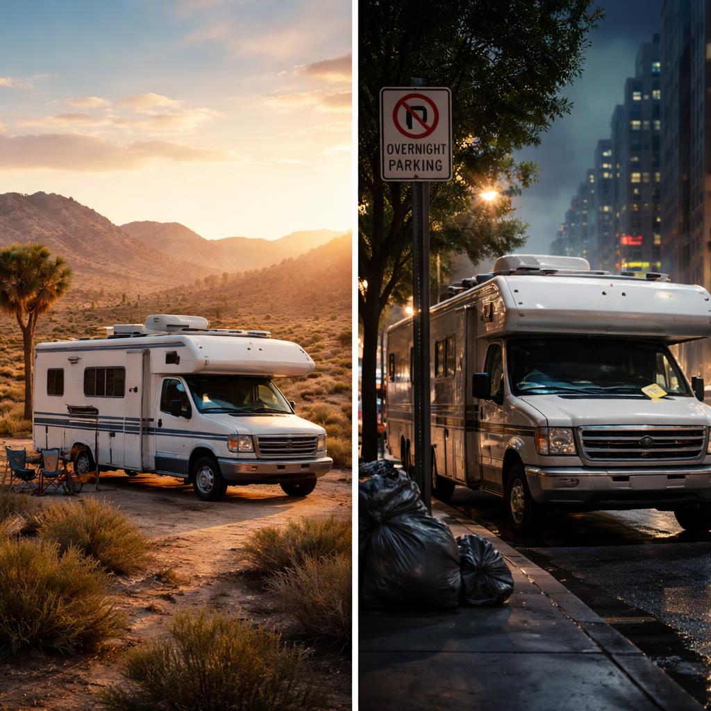 RV parked legally on public land versus illegally on a city street with a no overnight parking sign in the United States