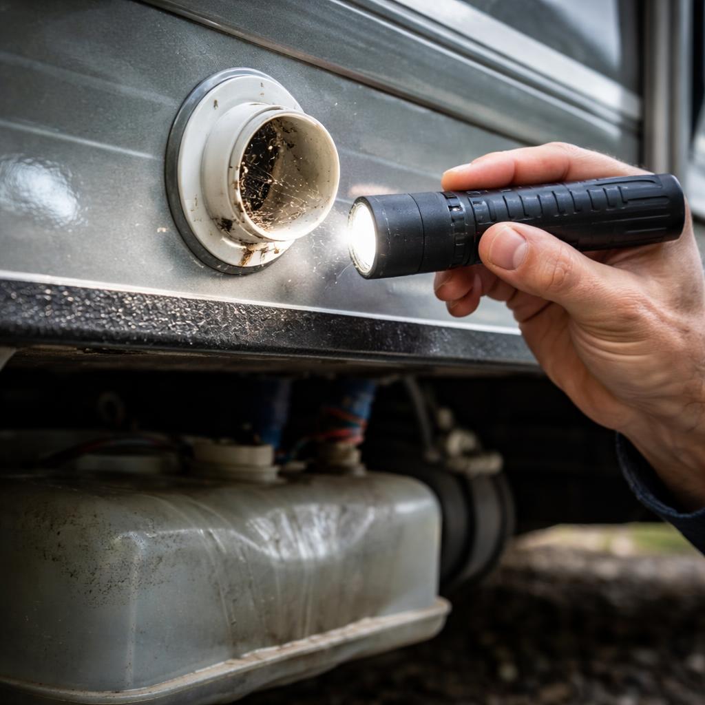 RV fresh water tank vent inspection showing blockage from spider webs causing restricted airflow