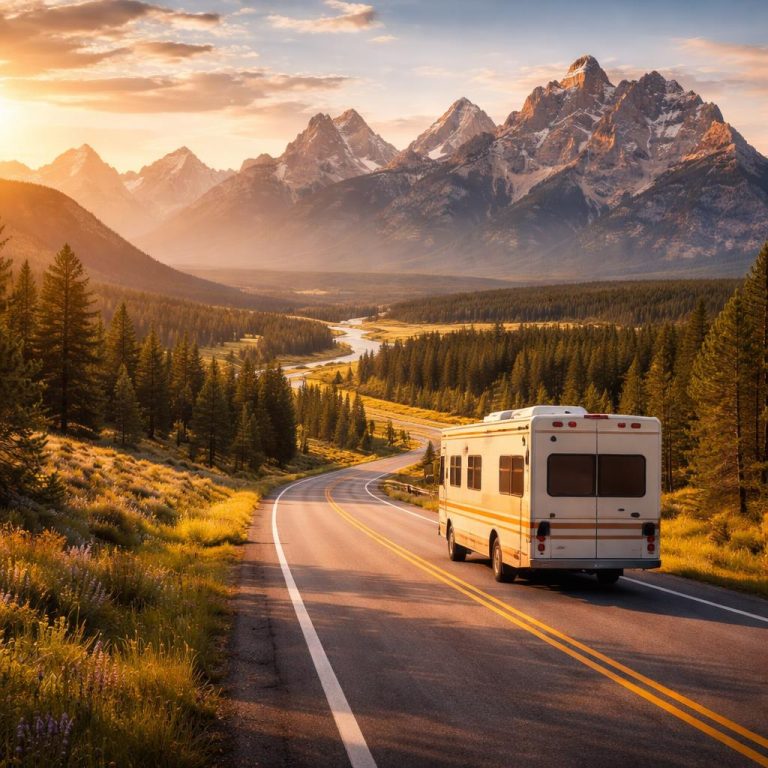 RV traveling through a scenic US landscape