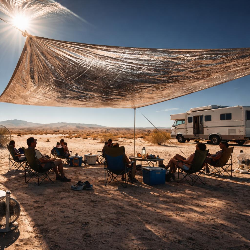 Overhead reflective tarp system creating a double-layer shade above an RV campsite to reduce desert heat and improve outdoor comfort