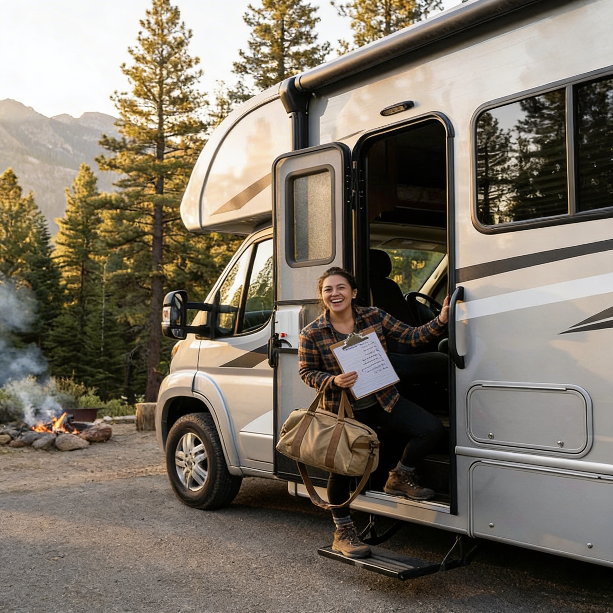 First-time RV owner standing at RV door with camping gear and checklist at a campsite