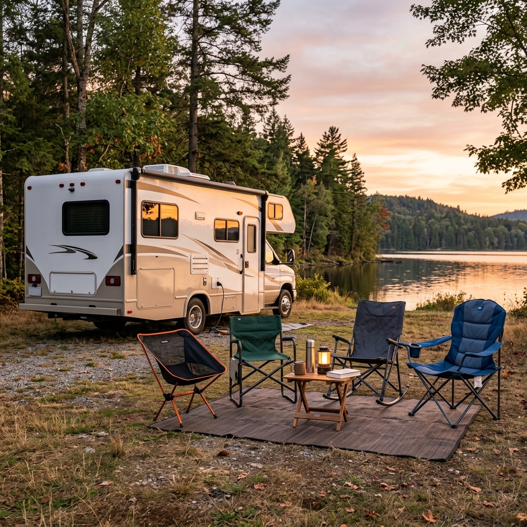 Lightweight camping chairs set up at an RV campsite during sunset