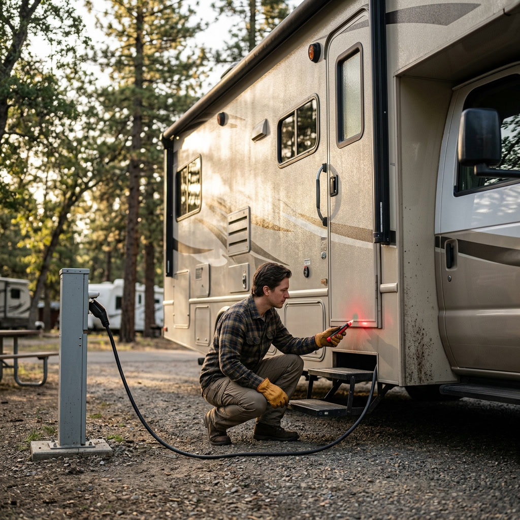 Person testing RV metal step with a non-contact voltage tester near campground electrical pedestal to detect possible ground fault or electrical leakage before shore power connection
