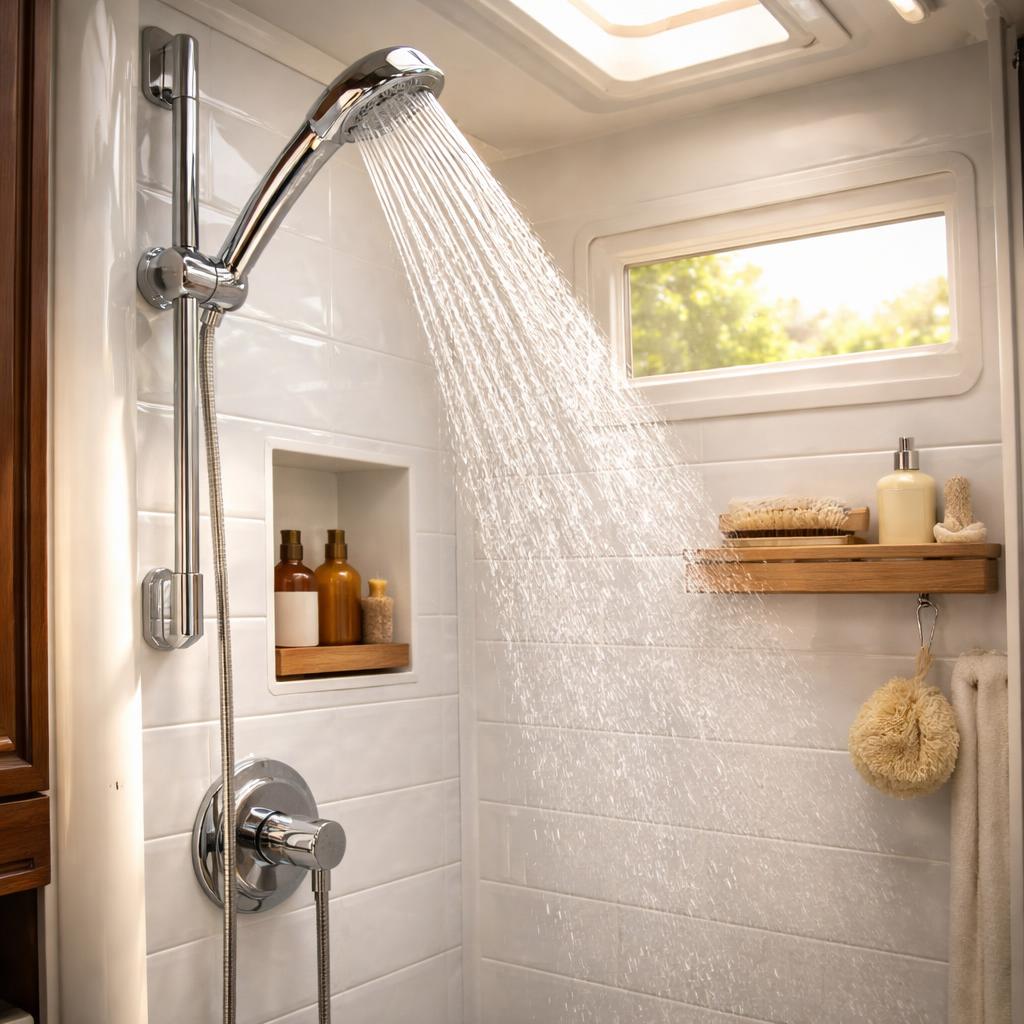 Powerful water stream from a handheld showerhead inside a modern RV bathroom