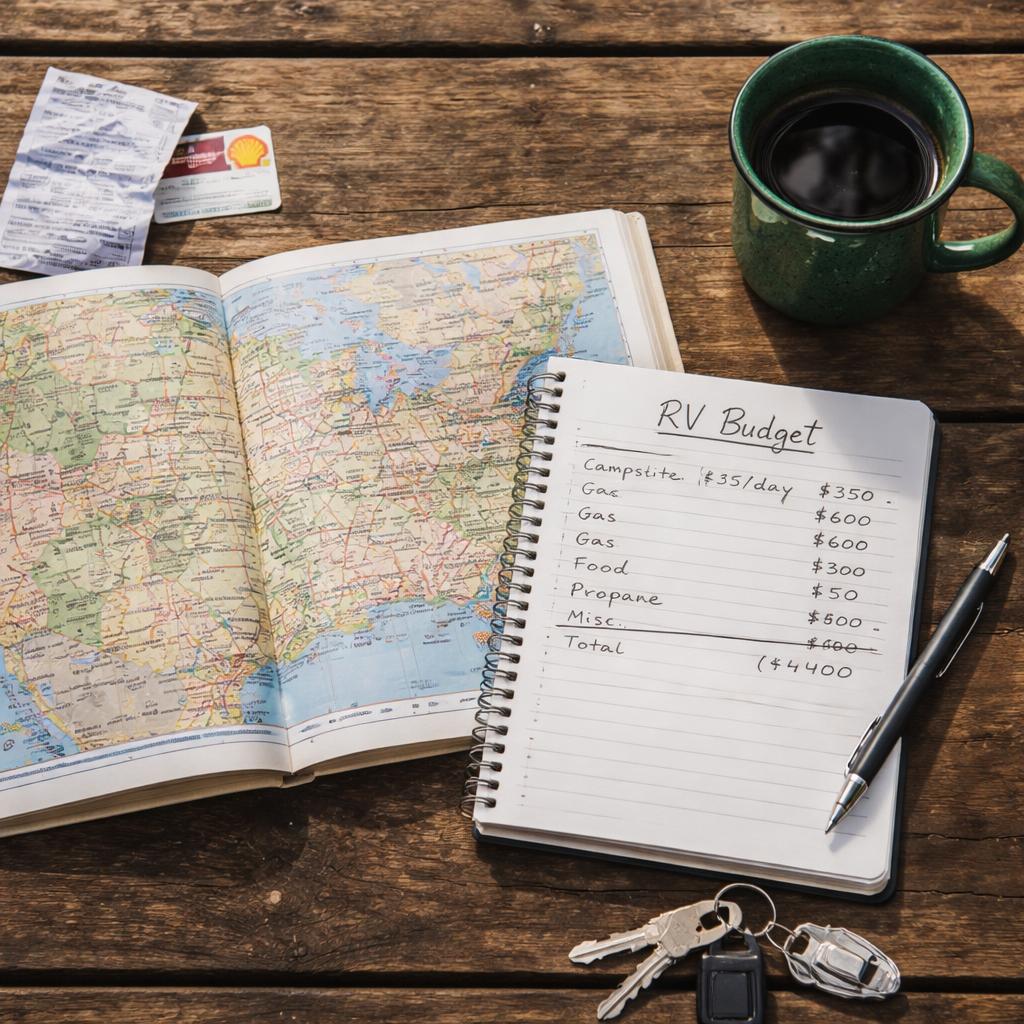 RV trip budget planning — road atlas, handwritten expense notes, and gas receipts on a camping table