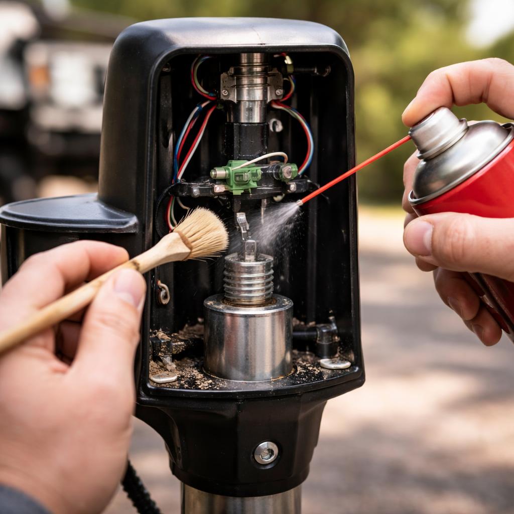 Close-up of hands cleaning debris from the limit switch housing of an RV electric tongue jack using a small brush during maintenance to prevent mechanical failure