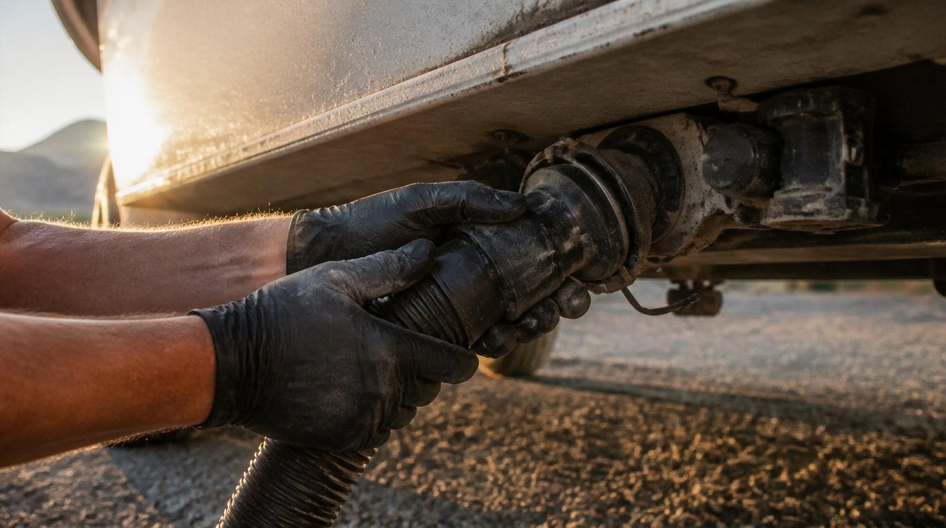 RV owner connecting sewer hose to motorhome underbody outlet at a campground dump station
