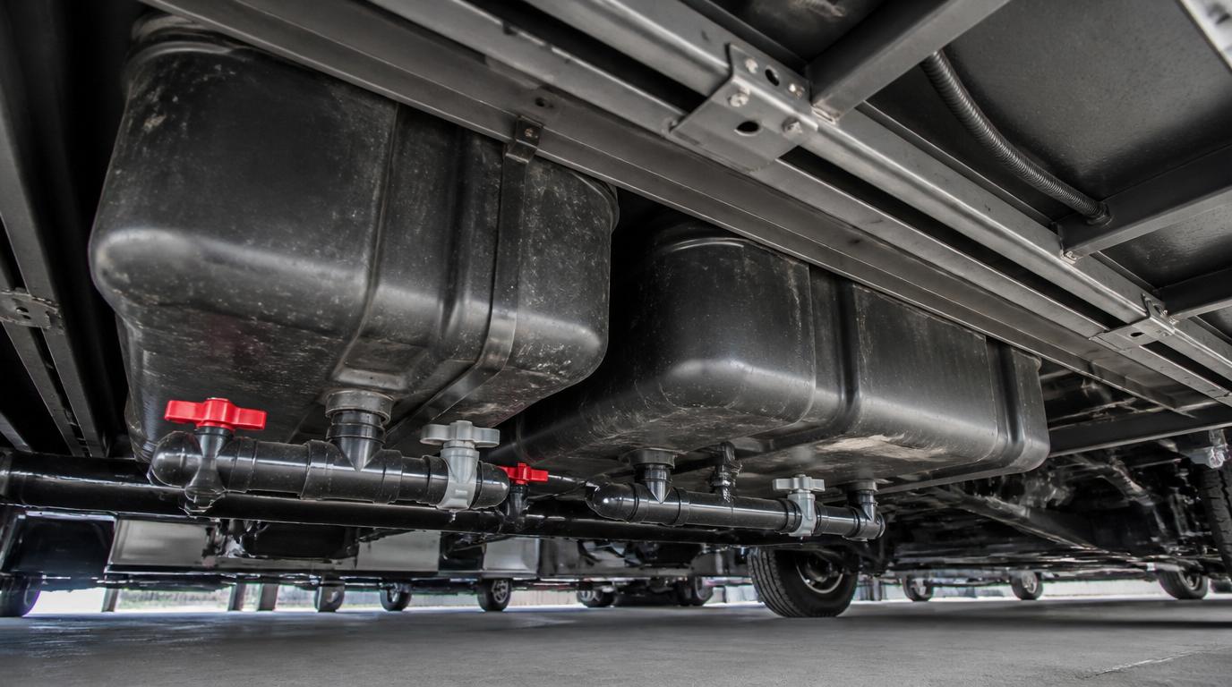 RV black and gray holding tanks mounted beneath motorhome chassis showing drain valves and sewer pipes