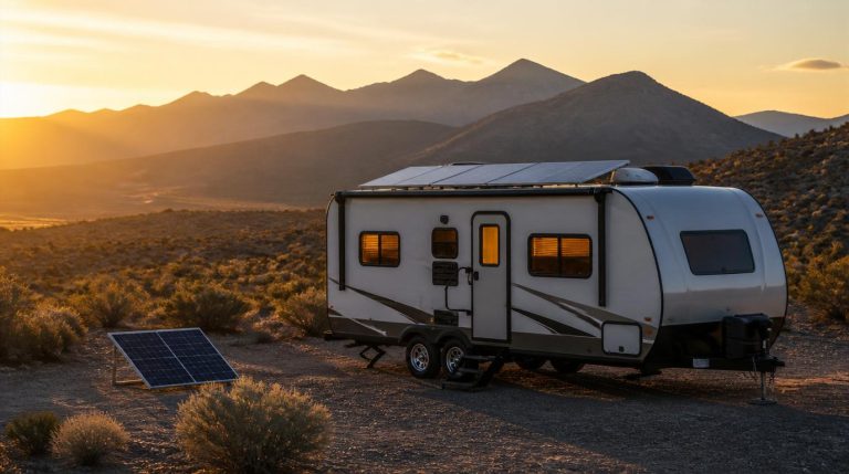 rv solar panels installed on a camper van at an off-grid campsite