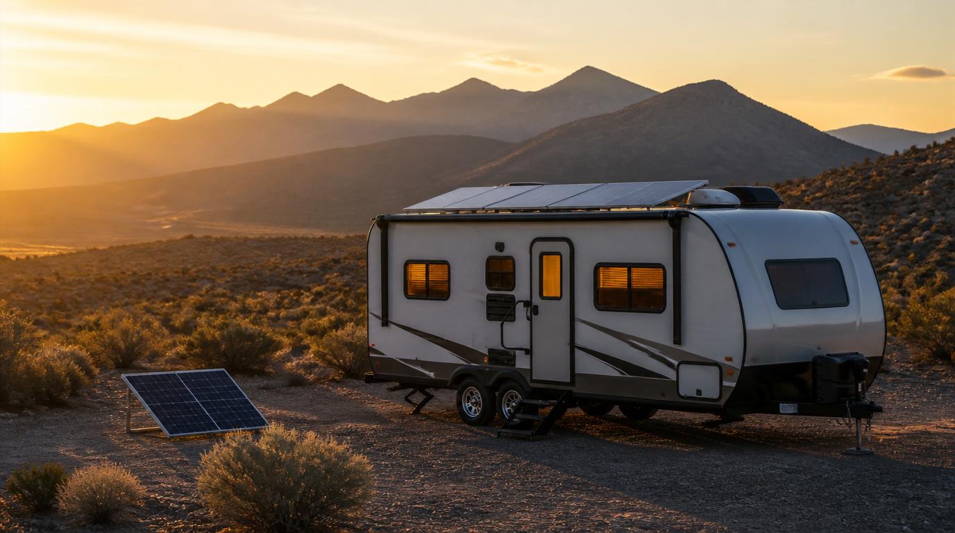 rv solar panels installed on a camper van at an off-grid campsite
