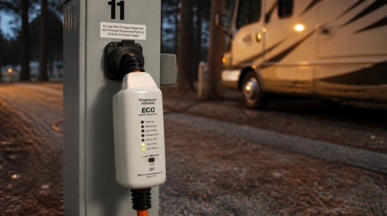 RV surge protector EMS device connected between a campground power pedestal and a shore power cord, with an RV visible in the background at dusk.