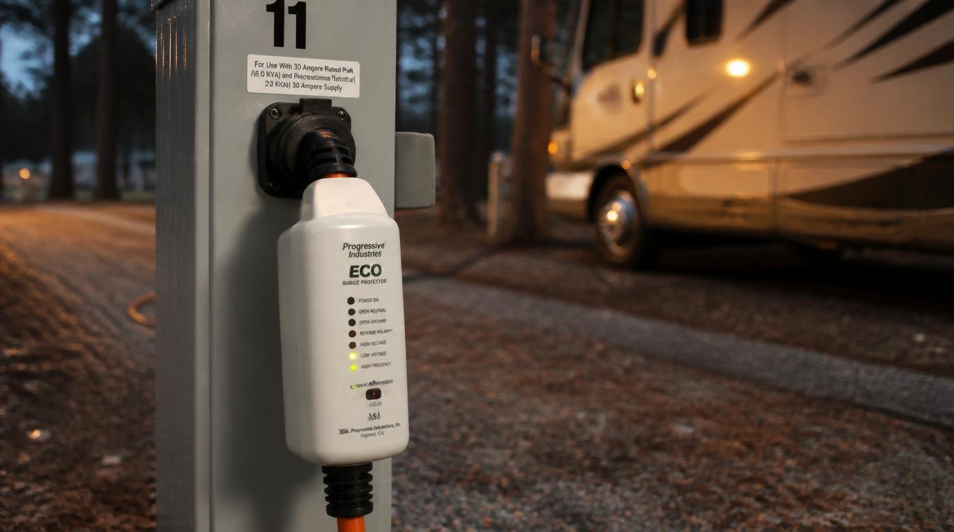 RV surge protector EMS device connected between a campground power pedestal and a shore power cord, with an RV visible in the background at dusk.