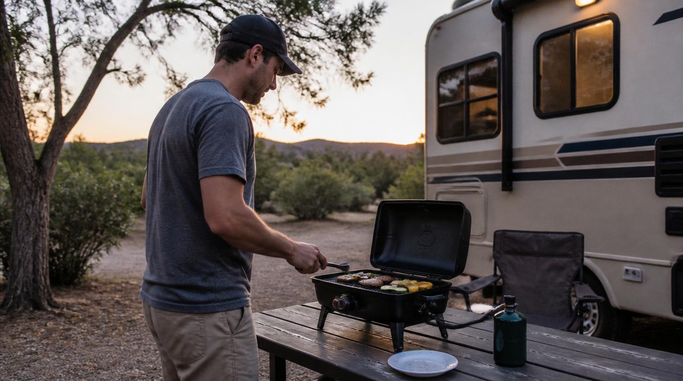 Portable propane grill set up at an RV campsite for outdoor cooking
