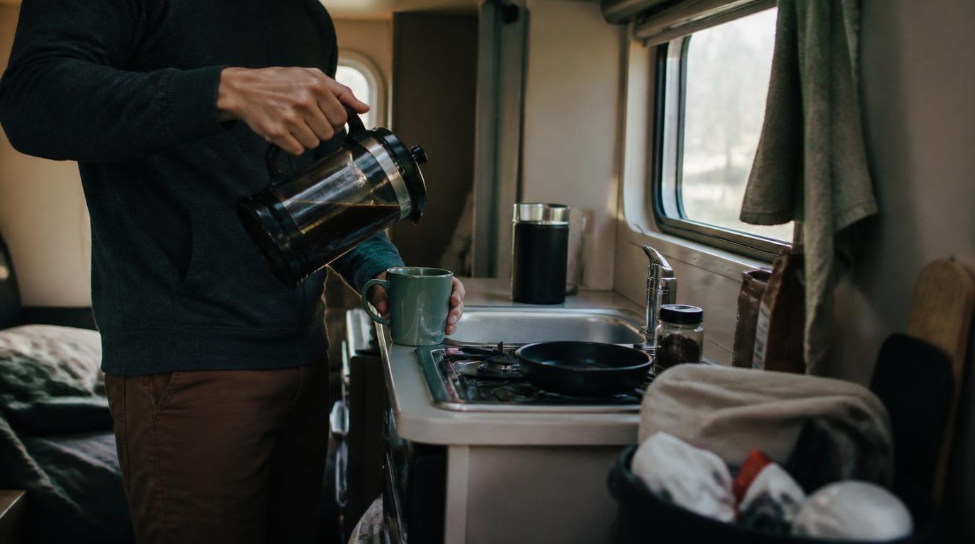 Coffee maker set up in a compact RV kitchen on a morning campsite