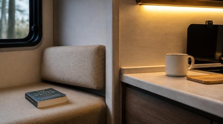 Well-organized RV interior with warm ambient lighting, clear seating and sleeping zones, and minimal clutter - showing a functional daily living setup