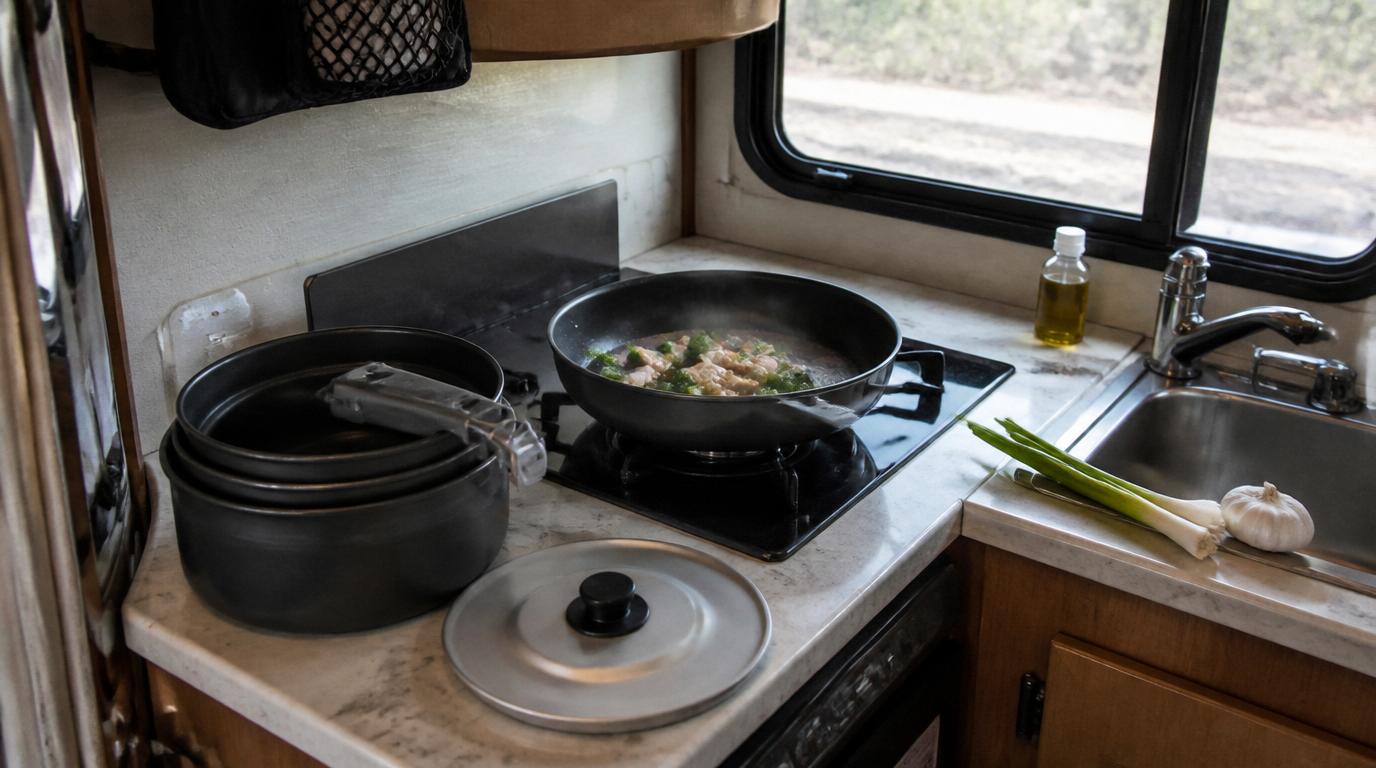 Nesting cookware set stored compactly in a small RV kitchen cabinet