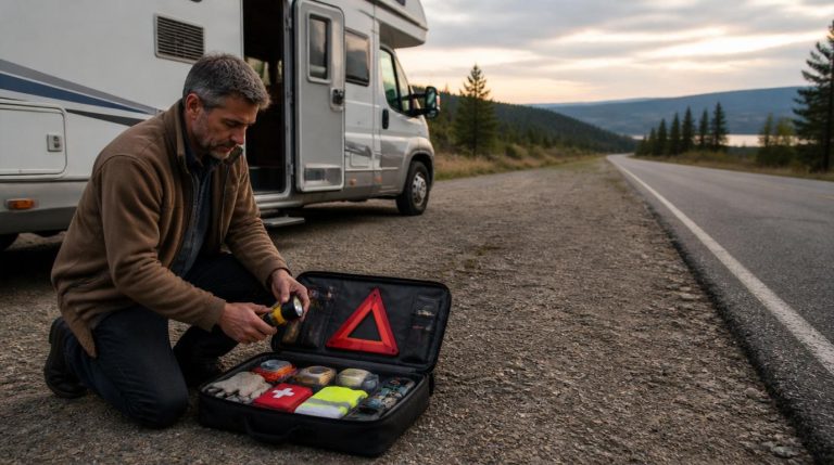 rv emergency kit open near camper with tools flashlight and first aid supplies