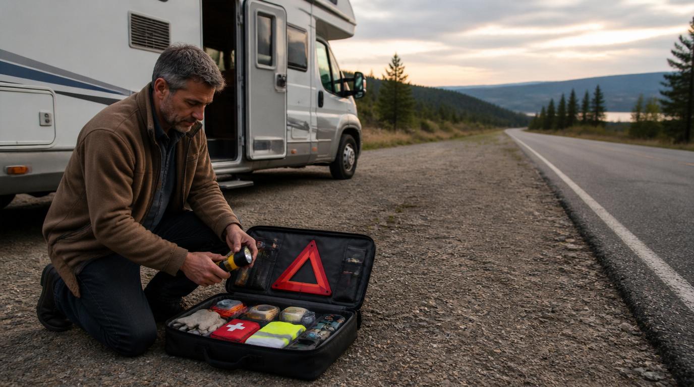 rv emergency kit open near camper with tools flashlight and first aid supplies