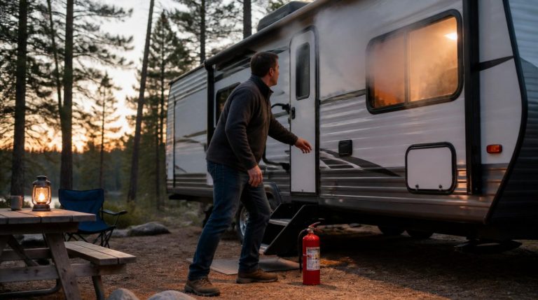 rv fire safety scenario showing smoke inside camper and fire extinguisher near door
