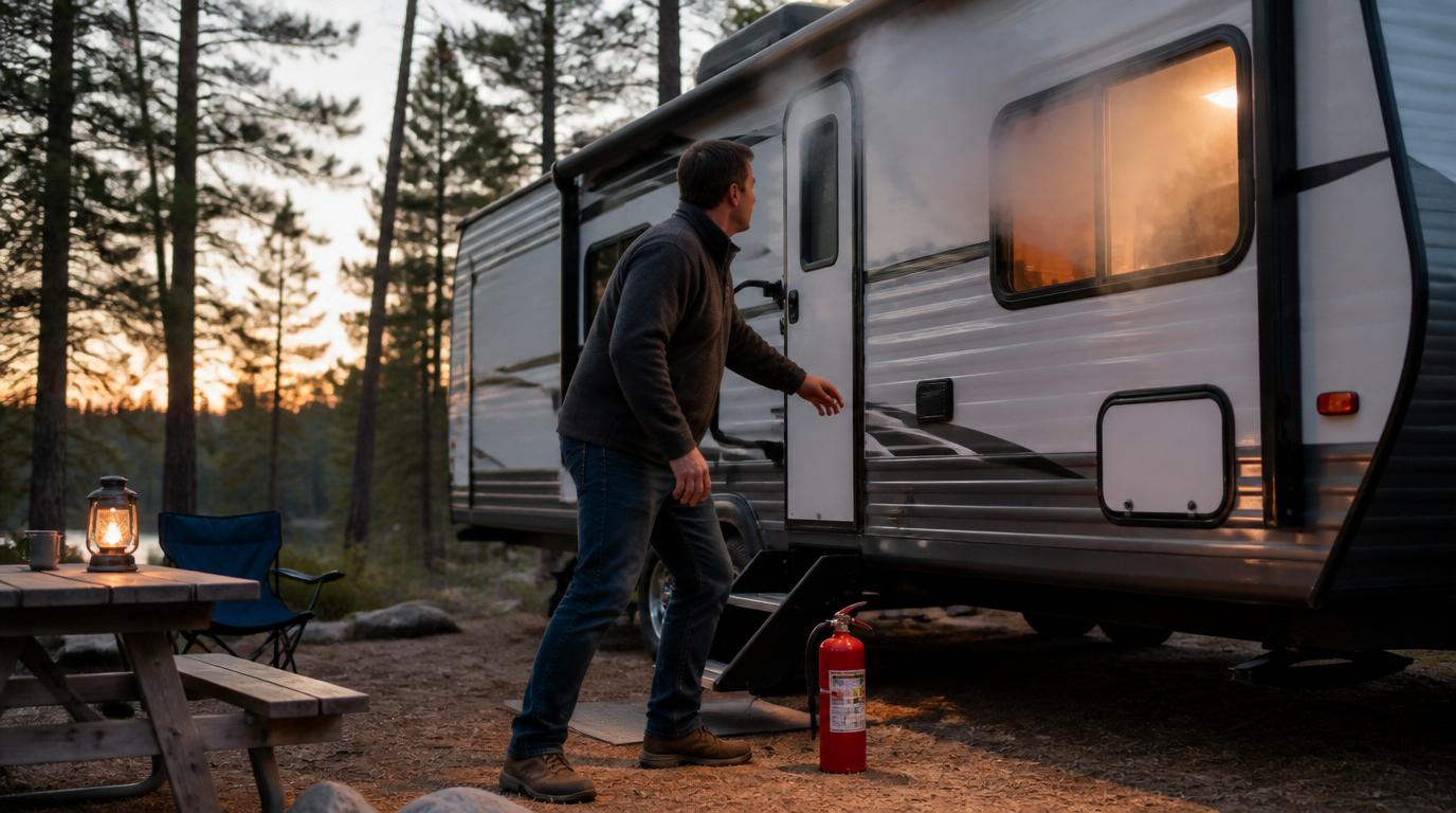 rv fire safety scenario showing smoke inside camper and fire extinguisher near door