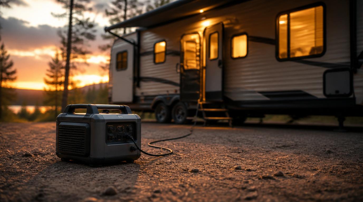 portable RV generator running at a campsite near a travel trailer