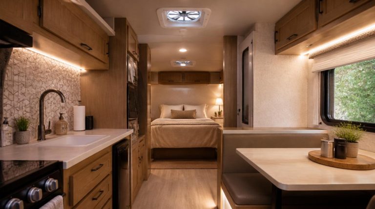 RV roof vent fan installed in a curved white ceiling with warm LED strip lighting glowing along the cabinet edge below - illustrating active airflow and lighting in a real RV interior