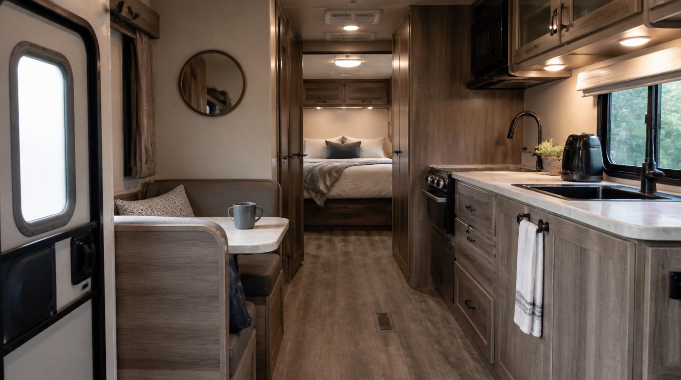 RV interior showing clear functional zones with a sleeping area, seating area, and kitchen space separated by warm ambient lighting and unobstructed movement paths