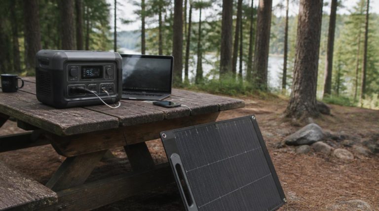 Portable power station on a picnic table at a campsite with a solar panel, laptop, and phone connected, surrounded by pine trees.