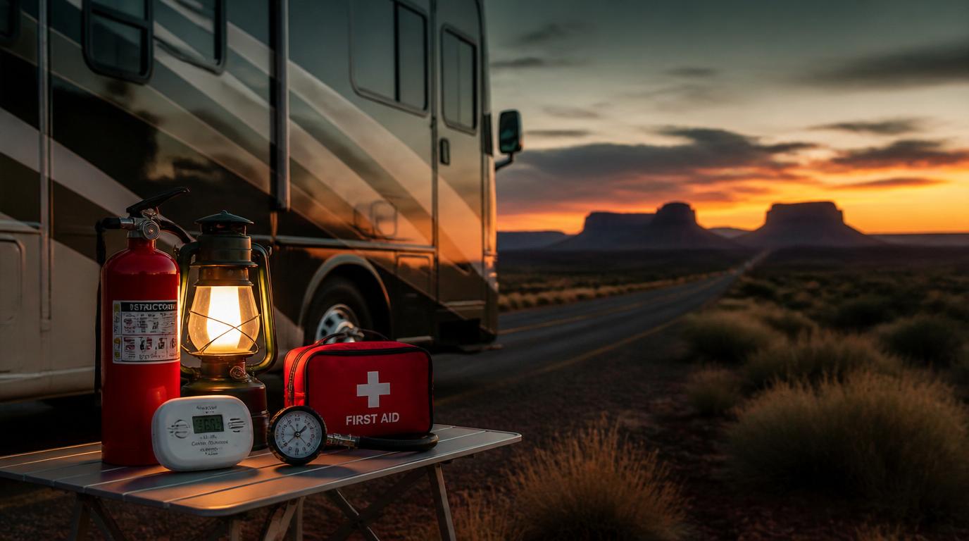 A motorhome parked at dusk on a remote desert highway with a fire extinguisher, CO detector, tire pressure gauge, and first aid kit arranged on a table beside it.